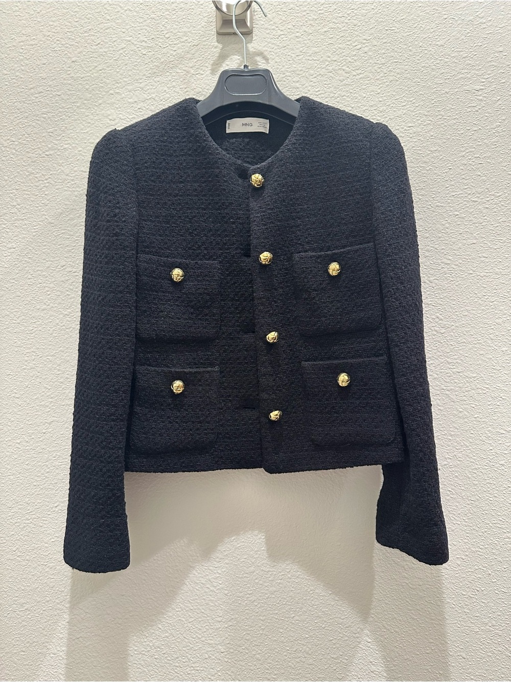 Mango Black Tweed Blazer with Gold Buttons